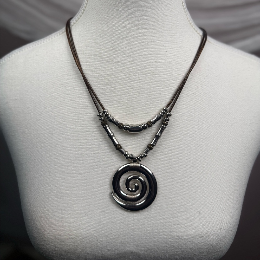Silver Spiral Pendant Necklace Layered Cord Boho Statement Jewelry Vintage Style